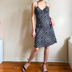 deep V-neck brown abstract midi dress